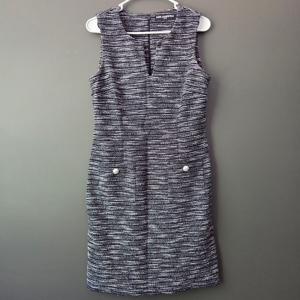 Karl Lagerfeld Paris Womens Black White Tweed Pearl Pocket Sheath Dress Lurex